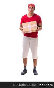 Handsome contractor holding fragile box isolated on white 