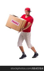 Handsome contractor holding fragile box isolated on white . The handsome contractor holding fragile box isolated on white 