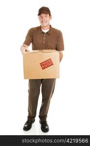 Handsome delivery man bringing a package for you. Full body isolated on white.