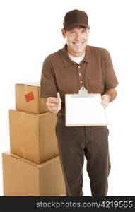 Handsome delivery man holding a clipboard toward the camera. Blank space ready for your text. Isolated.