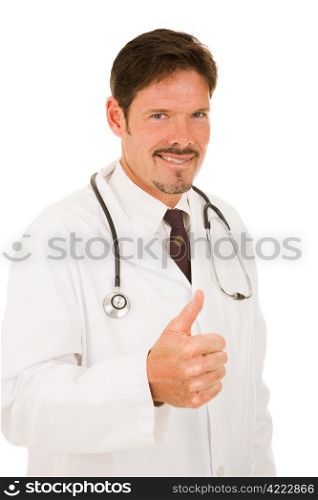 Handsome doctor giving the thumbs up sign. Isolated on white.