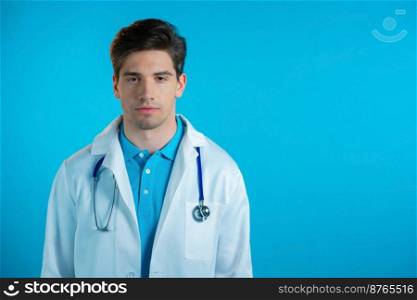 Handsome doctor man in professional white coat on blue studio background. Serious doc looking to camera. Copy space. High quality photo. Handsome doctor man in professional white coat on blue studio background. Serious doc looking to camera. Copy space.