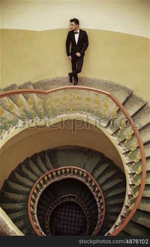 Handsome elegant man standing on the old fashioned stairs