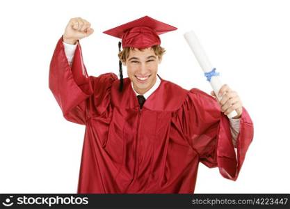 Handsome enthusiastic young graduate holding his diploma. Isolated on white.
