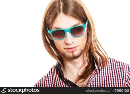 Handsome fashionable young man guy with long hair wearing sunglasses.