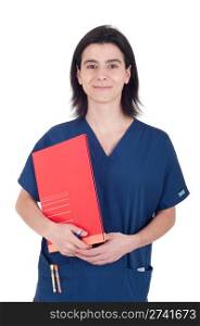 handsome female doctor holding folder isolated on white background
