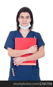 handsome female doctor wearing mask and holding folder isolated on white background