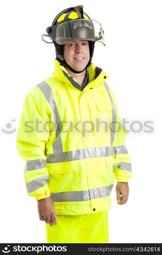 Handsome fire fighter isolated on white background.