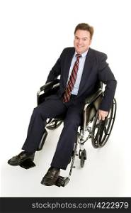 Handsome forty year old businessman in a wheelchair. Full body isolated on white.