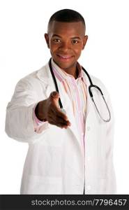 Handsome friendly male physician doctor nurse reaching out handshake ready to shake hands with stethoscope, isolated.