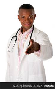 Handsome friendly male physician doctor nurse reaching out ready to shake hands with stethoscope, isolated.