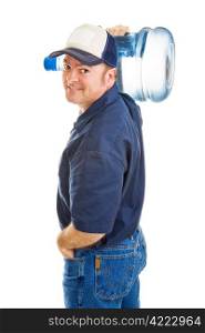 Handsome, friendly water delivery man carrying a 5 gallon jug on his shoulder. Isolated on white.