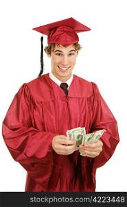 Handsome graduate counting a stack of money. Isolated on white.