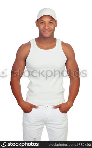 Handsome guy dressed in white isolated wearing cap
