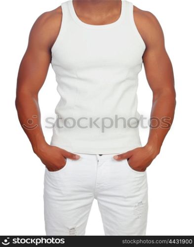 Handsome guy dressed in white isolated with hands in pockets