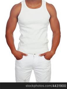 Handsome guy dressed in white isolated with hands in pockets
