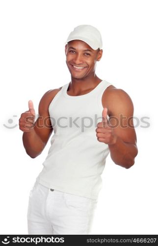 Handsome guy dressed in white saying Ok isolated wearing cap