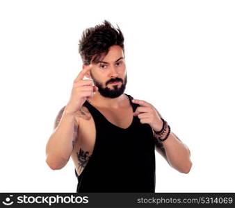 Handsome guy gesturing with his hands isolated on a white background