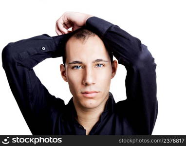 Handsome guy isolated on white with arms raised