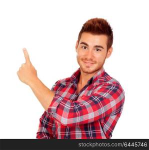 Handsome guy pointing something with his finger isolated on a white background