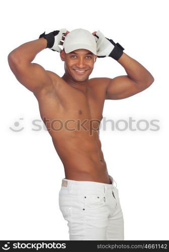 Handsome guy showing his abs isolated on white background