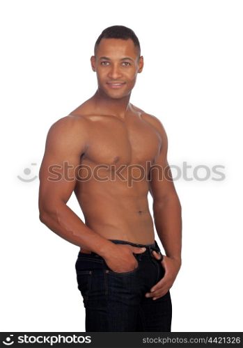 Handsome guy showing his strong abs and chest isolated on white background