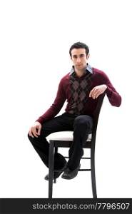 Handsome guy wearing business casual clothes sitting on a high chair, isolated