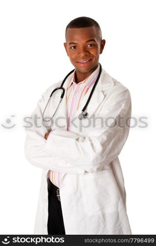 Handsome happy smiling male doctor physician nurse standing with arms crossed, isolated.