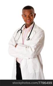 Handsome happy smiling male doctor physician nurse standing with arms crossed, isolated.