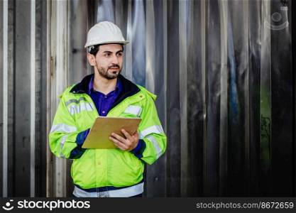 Handsome Latin Indian race worker working in industrial factory load warehouse hand holding check list looking smart