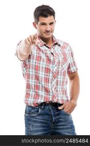 Handsome latin man pointing to the camera, isolated over a white background