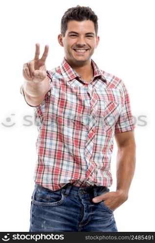 Handsome latin man smiling and showing two fingers, isolated over a white background
