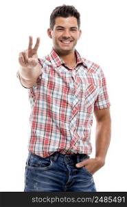 Handsome latin man smiling and showing two fingers, isolated over a white background