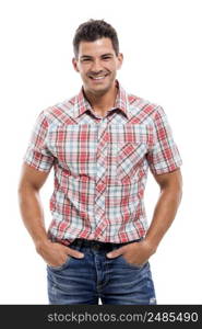 Handsome latin man smiling, isolated over a white background