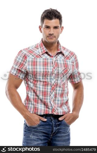 Handsome latin man standing over a white background
