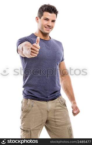 Handsome latin man with thumbs up, isolated over a white background