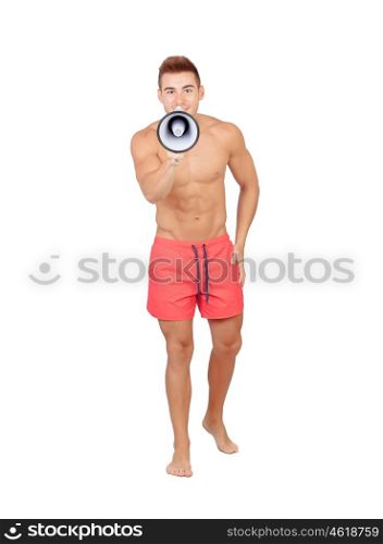 Handsome lifeguard with red swimsuit and megaphone isolated on white background