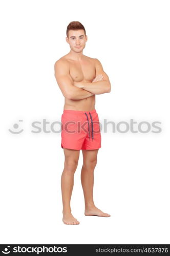 Handsome lifeguard with red swimsuit isolated on white background