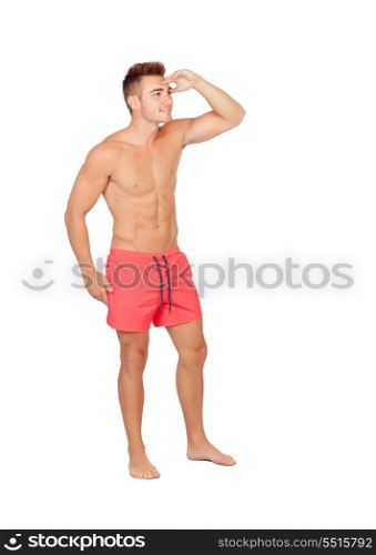 Handsome lifeguard with red swimsuit isolated on white background