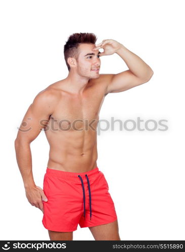 Handsome lifeguard with red swimsuit isolated on white background