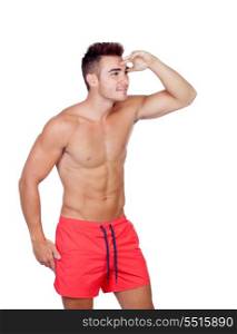 Handsome lifeguard with red swimsuit isolated on white background