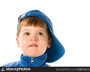 Handsome little boy looking at something. Isolated on white background