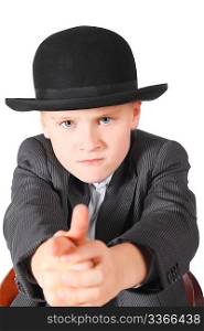 handsome little boy wearing suit and hat is playing gangster. isolated.