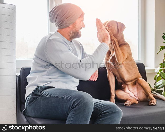 Handsome man and a charming puppy. Close-up, indoors. Studio photo, white color. Concept of care, education, obedience training and raising pets. Handsome man and a charming puppy. Close-up