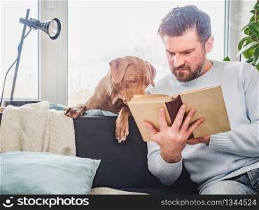 Handsome man and a charming puppy. Working From Home. Close-up, indoors. Studio photo, white color. Concept of care, education, obedience training and raising pets. Handsome man and a charming puppy. Close-up