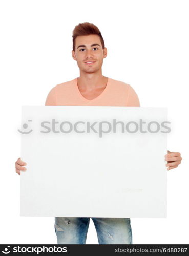 Handsome man holding a blank poster. Handsome man holding a blank poster isolated on a white background