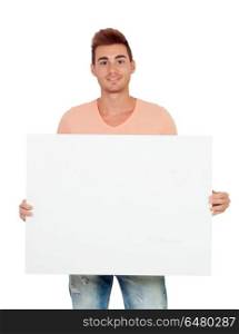 Handsome man holding a blank poster. Handsome man holding a blank poster isolated on a white background
