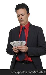 Handsome man holding a hand full of 100 dollar bills