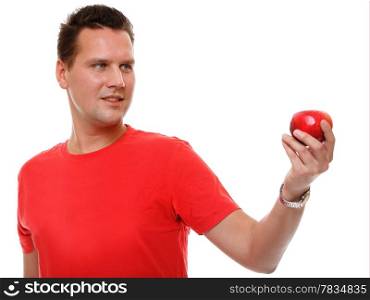 handsome man in red shirt with apple concept of health care &amp; healthy nutrition white background