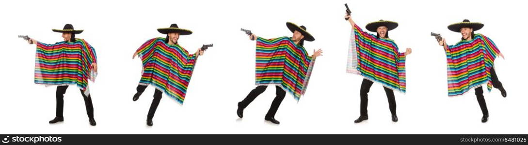 Handsome man in vivid poncho holding gun isolated on white